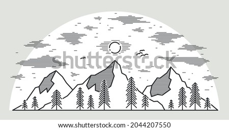 Mountain peaks and pine forest line art vector illustration isolated on white, linear illustration of mountains range wild nature landscape, outdoor hiking camping ant travel theme.