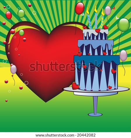 Background with blue colored party cake, huge red heart and colorful balloons