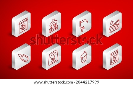 Set line Bag of coffee beans, Farmer in the hat, Scythe, Agriculture wheat field, Acorn, oak nut, seed, Pack full seeds plant,  and Scoop flour icon. Vector