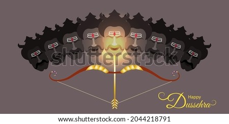 Indian festival Dussehra and Vijayadashmi greeting with golden bow and arrow. Decorative festive background with silhouette of Ravana. Royalty-Free Stock Photo #2044218791