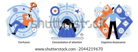Attention concentration, cognitive dissonance, confusion color icon. Concept of concentration exercise, productive goal setting, mind focus and mindfulness. Mental state abstract concept vector
