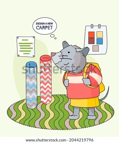 Design a new carpet. Cartoon character rat stands with backpack in childrens room with different rugs. Concept of choosing new carpet. Animal equips apartment, selects design for room and flooring