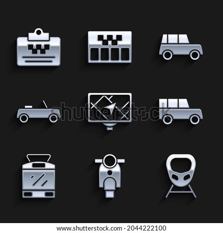 Set Gps device with map, Scooter, High-speed train, Car, Tram and railway,  and Taxi driver license icon. Vector