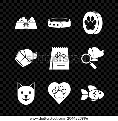 Set Pet food bowl for cat or dog, Collar with name tag, Paw print, Cat, Heart animals footprint, Fish, Veterinary clinic symbol and Bag of icon. Vector