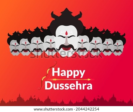 Indian festival Dussehra and Vijayadashmi greeting with golden bow and arrow. Decorative festive background with silhouette of Ravana. Royalty-Free Stock Photo #2044242254