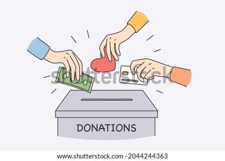 Donation box and charity concept. Human hands putting money cash love and heart to donation box together helping doing charity vector illustration Royalty-Free Stock Photo #2044244363