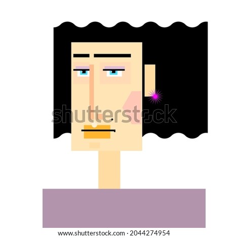 Cartoon vector illustration. Grotesque cubic character. Portrait of white-skinned person with black wavy hair and a pink star-shaped earring in her or his ear.