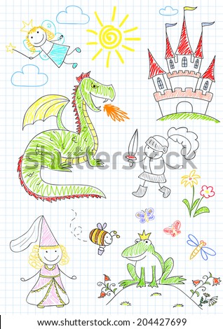 Vector sketches with characters of fairy-tales. Sketch on notebook page