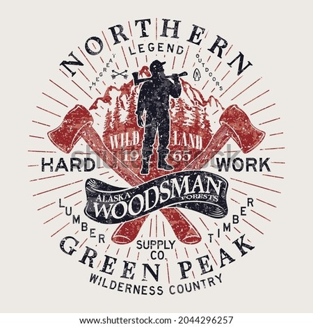 Alaska outdoor woodsman lumberjack badge vector artwork for boy t shirt grunge effect in separate layers Royalty-Free Stock Photo #2044296257