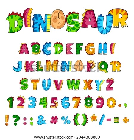 Dino alphabet. Font elements, creative dinosaur style letters and numbers. Colorful kids abc, funny childish decorative comic garish vector text