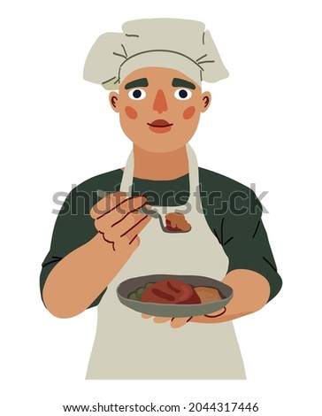 A young male chef is holding a dish and a spoon. The chef suggests trying the food. Vector illustration isolated on white background.