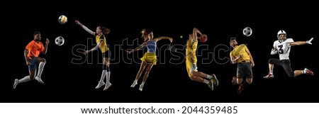 Male and female athletes, sportsmen playing basketball, tennis, soccer footbal, volleyball isolated on black background. Concept of movements, active lifestyle, team sport games. Collage