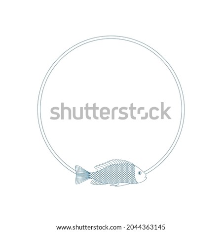 Elegant circle frame with blue outline fish. Vector sea border. Nautical illustration.
