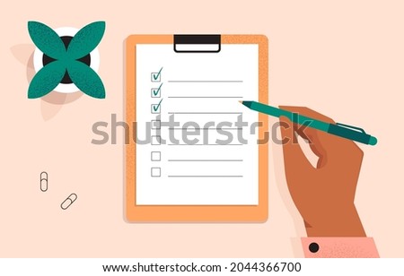 Clipboard with a checklist on a white sheet of paper. Hand holding a pen and writing. Check list, to do, questionnaire concept. Document on the desk. Top view. Isolated flat vector illustration Royalty-Free Stock Photo #2044366700