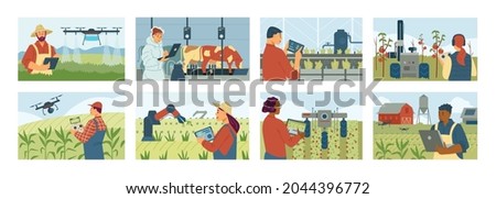 Set of smart farming concept posters, vector flat style illustration. Innovative agricultural technologies, modern digital farming controlled remotely. Digital agricultural farm of future Royalty-Free Stock Photo #2044396772