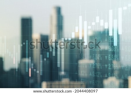 Abstract virtual financial graph hologram on blurry skyscrapers background, financial and trading concept. Multiexposure Royalty-Free Stock Photo #2044408097