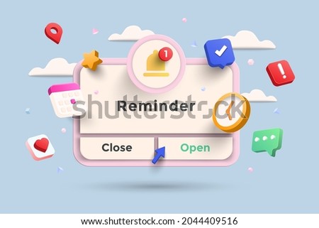 Reminder 3D Illustration, Notifications page with floating elements. Business planning ,events, reminder and timetable with 3d rendering. Vector Illustration. Royalty-Free Stock Photo #2044409516