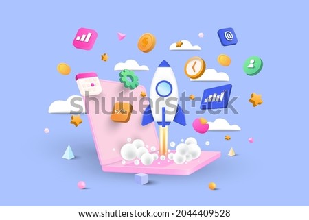 Startup concept, Software and web development with 3d shapes, bar chart, infographic on blue background. 3d Vector Illustration Royalty-Free Stock Photo #2044409528