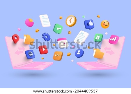 File sharing concept, Data Sharing Service, Digital Document Transfer Concept with 3d shapes, folder, cog, icons, infographic on blue background. 3d Vector Illustration Royalty-Free Stock Photo #2044409537