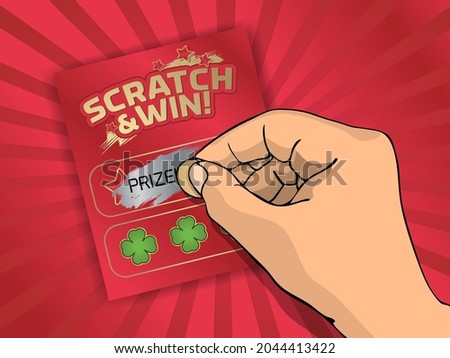 Illustration of hand scratching a playing card with coin. Scratch card game. Idea for game promotion. Layered vector illustration. Royalty-Free Stock Photo #2044413422