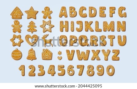 Gingerbread alphabet font and numbers. Winter icing-sugar cookies in shape of gingerbread house and man, tree and reindeer, bell and star, snowflake and heart. Cartoon Vector illustration Royalty-Free Stock Photo #2044425095