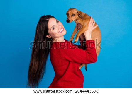 Profile side view portrait of attractive cheerful woman holding doggy having fun isolated over bright blue color background