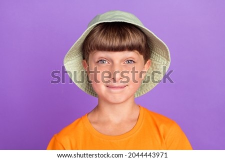 Photo portrait little boy wearing headwear casual clothes isolated pastel violet color background