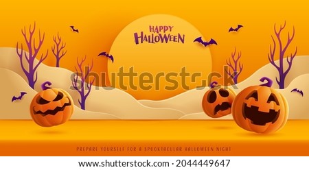 Happy Halloween. Halloween orange theme paper graphic cloud scene with group of 3D illustration pumpkin on studio table.
