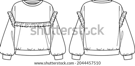 Vector long sleeved oversized top fashion CAD, woman boxy shape round neck with frill details sweatshirt technical drawing, template, mock up, flat. Fleece sweatshirt with front, back view, white Royalty-Free Stock Photo #2044457510
