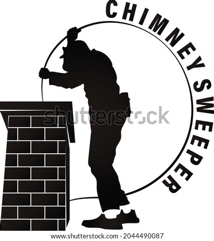 Chimney sweep clean the chimney on the roof silhouette Royalty-Free Stock Photo #2044490087