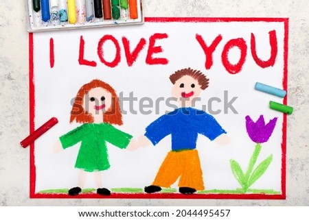 Colorful drawing: couple in love and inscription I LOVE YOU. Happy relationship


