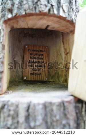 Sign in a tree trunk with door saying "for rent to a young pretty squirrel, possible later marriage", Cleebronn, Germany