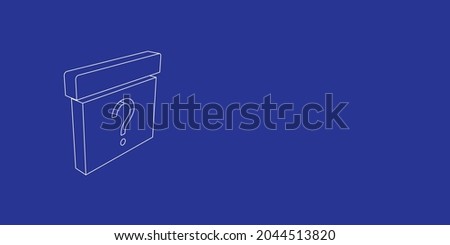 The outline of a large gift box with a question symbol made of white lines on the left. 3D view of the object in perspective. Vector illustration on indigo background