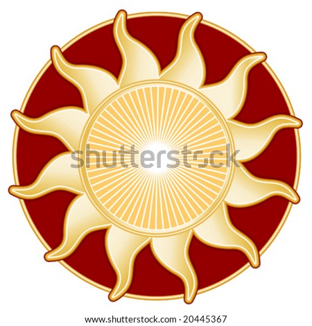 Sun Rays, golden symbol, red circular background, isolated on white. EPS8 compatible.