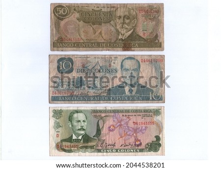 Banknotes of 5,10,50 colones, Central Bank of Costa Rica, old money