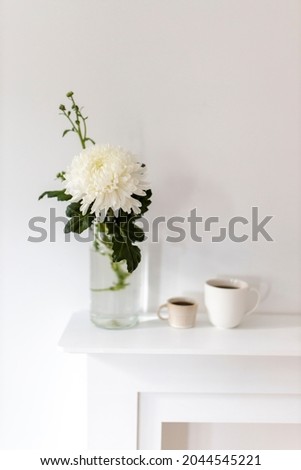 A large chrysanthemum in a glass vase, two fluted cups of coffee are on the table. Office decoration.