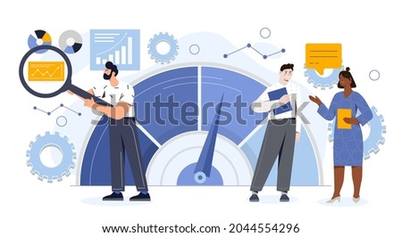 Modern benchmarking as business compare tool for improvement. Concept of performance, quality and cost comparison to competitor companies. Flat cartoon vector illustration Royalty-Free Stock Photo #2044554296