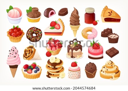 Ice cream bakery and pastry desserts with chocolate vanilla and strawberry flavours jams sundaes. Vector isolated delicious illustrations of candies and sweet foods for menu designs. Cute lovely icon 