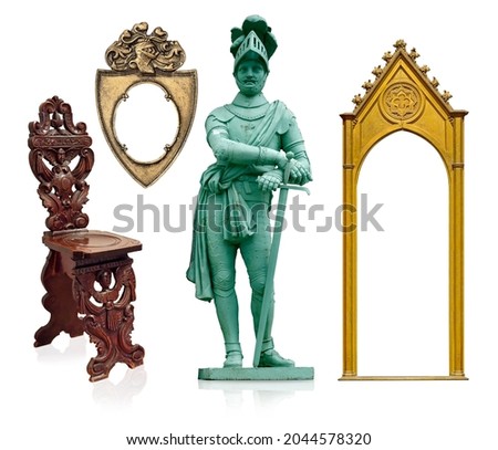 Set of medieval items: statue, chair, frames isolated on white background