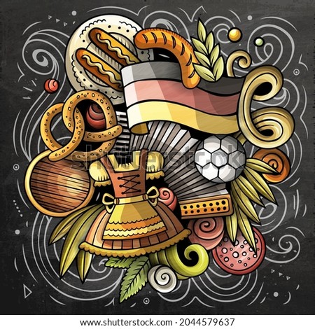 Germany cartoon vector doodle chalkboard illustration. Colorful detailed composition with lot of German objects and symbols
