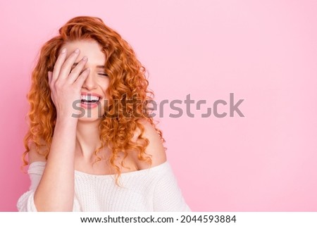Photo of young cheerful girl happy positive smile cover face hands laugh isolated over pastel color background