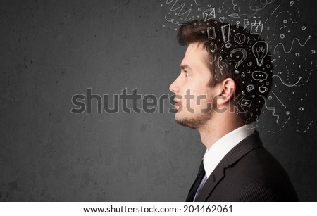 Young man thinking with white abstract lines and symbols
