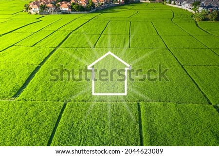  Land or landscape of green field in aerial view. Include agriculture farm, icon of residential, home or house building. Real estate or property for dream concept to build, construction, sale and buy.