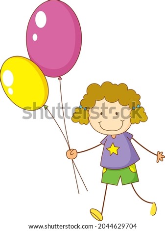 A doodle kid holding balloons cartoon character isolated illustration