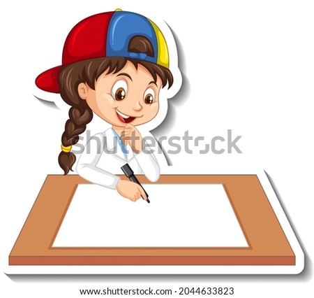 Cartoon character sticker with a girl writing on blank paper illustration
