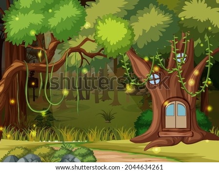 Enchanted forest background with tree house illustration