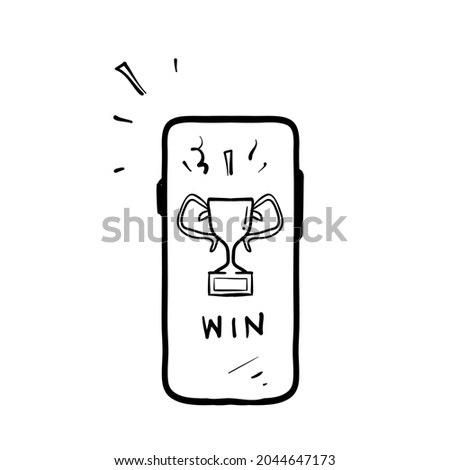 hand drawn doodle smartphone and trophy illustration symbol for winner isolated