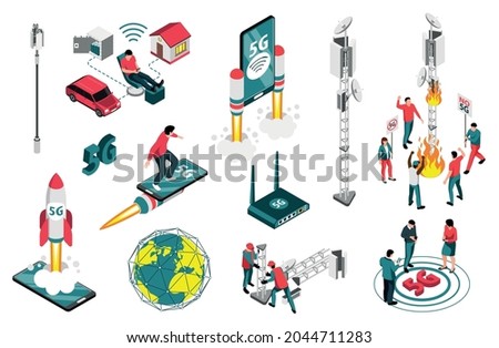 5g Internet color set with speed symbols isometric isolated vector illustration