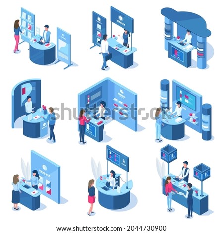 Isometric 3d exhibition demonstration promo stands workers and visitors. Promotional stands, trade panels vector illustration set. Expo center demonstration stands. Isometric demonstration panel Royalty-Free Stock Photo #2044730900