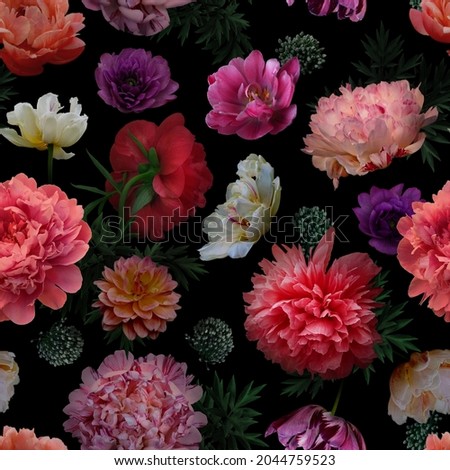 Floral summer seamless pattern. Garden flowers peonies and leaves on black background. Template for fabrics, textiles, paper, wallpaper, interior decoration. Vintage. Royalty-Free Stock Photo #2044759523